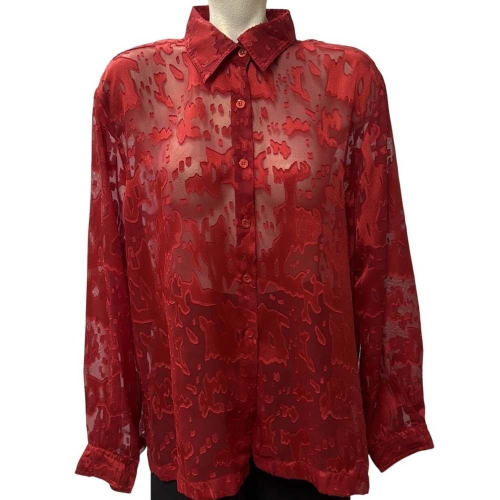 N Touch Red Sheer Burnout Button Down Shirt XL 364N